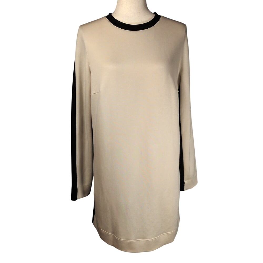 Akris Punto Long Sleeve Pullover Sweater Mini Dress Black Beige Zip Back Sz US 8